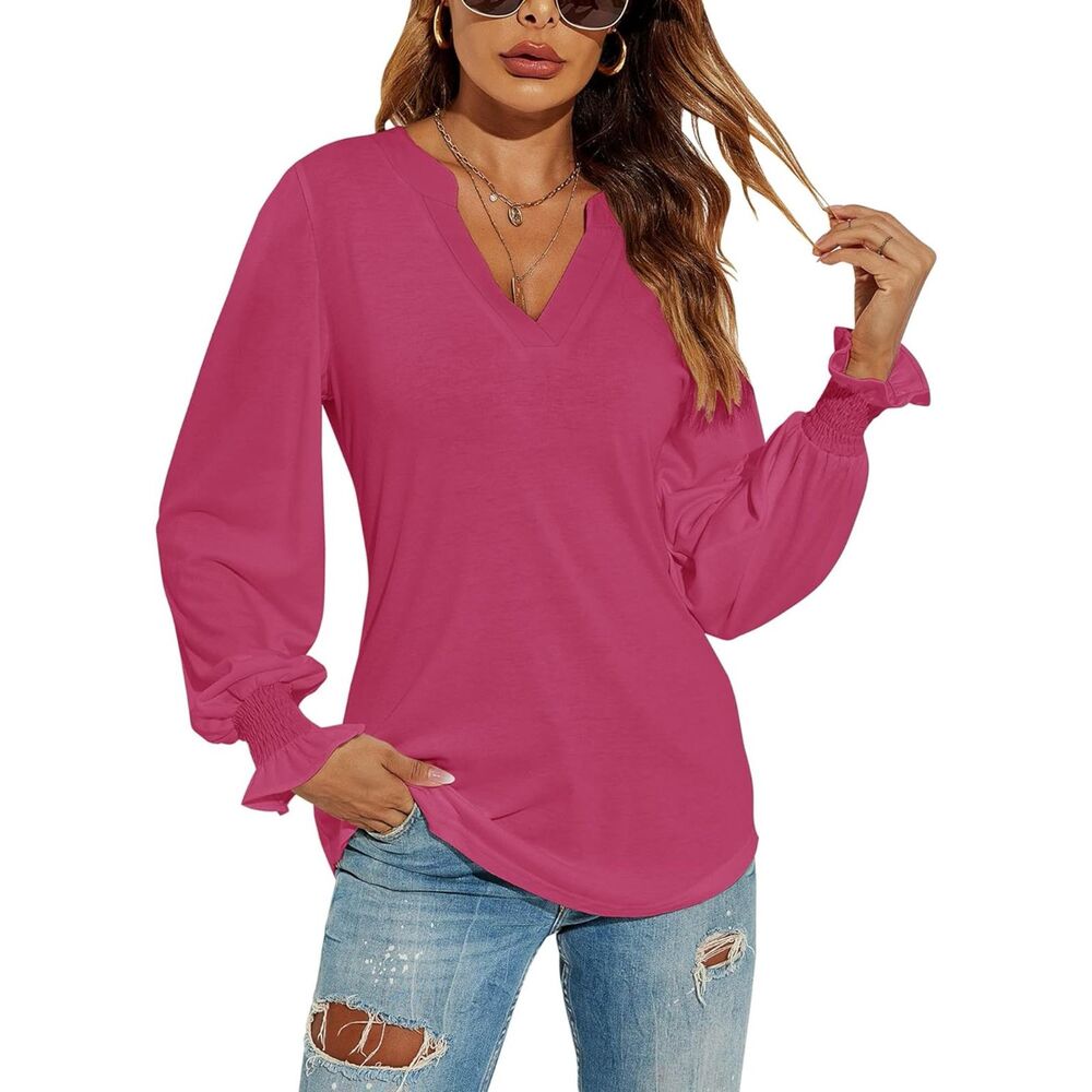 Romanstii Women's V-Neck Long Sleeve T-Shirt Style Top, Hot Pink, Small